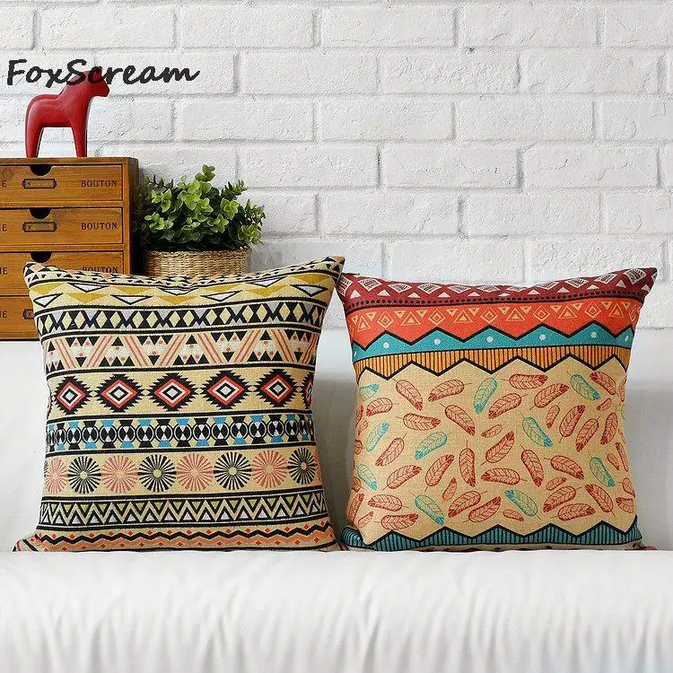Обложки на подушки с геометрическим рисунком в индийском стиле льняные