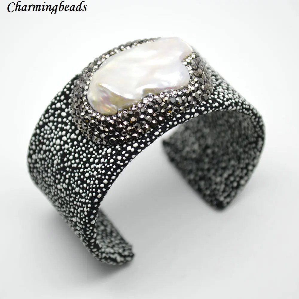 Натуральный пресноводный жемчуг серый цвет белое пятно черная кожа 30 мм ширина браслет модные женские свадебные украшения