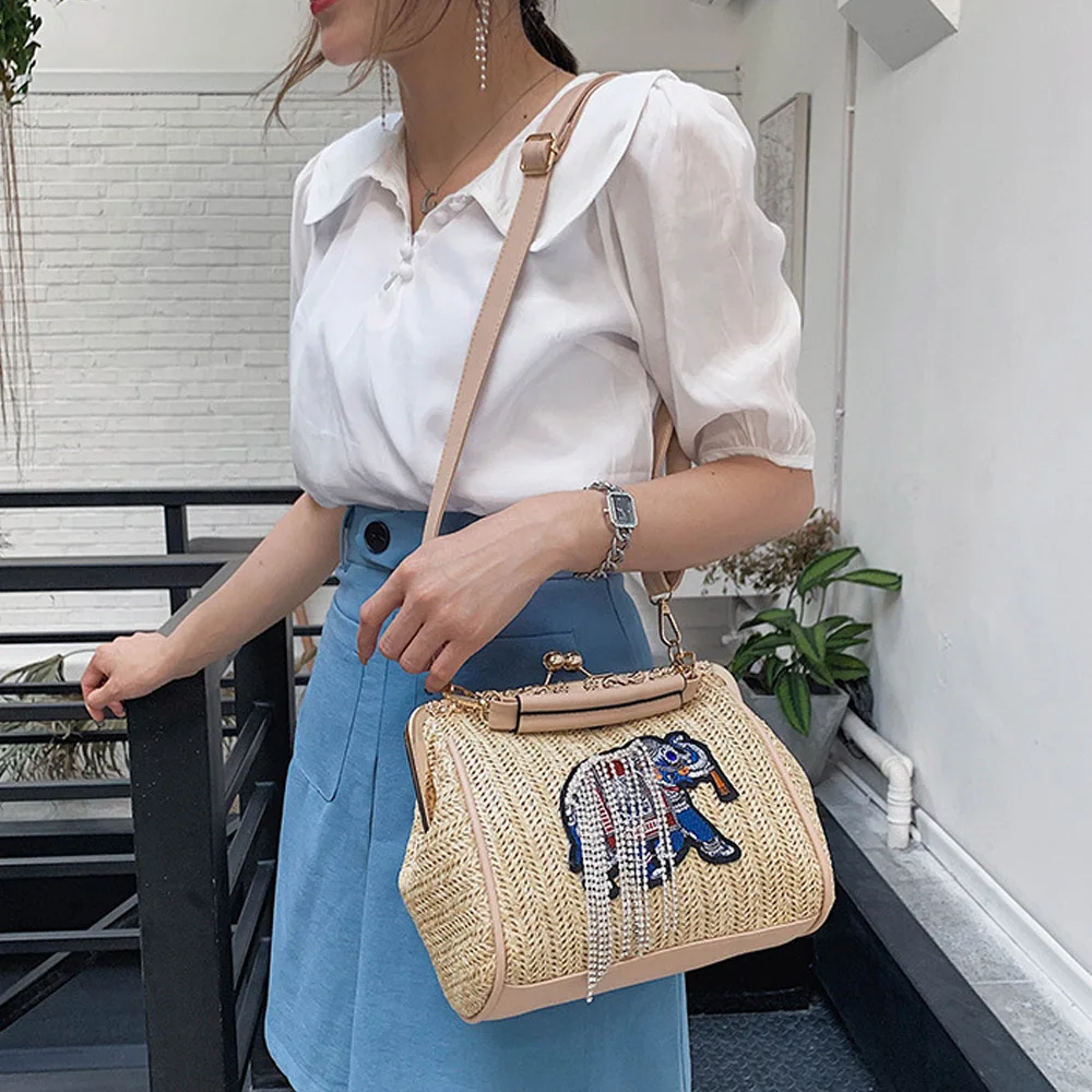 Плетеная пляжная сумка женская 2019 новая соломенная с вышивкой слона Taasel Chain