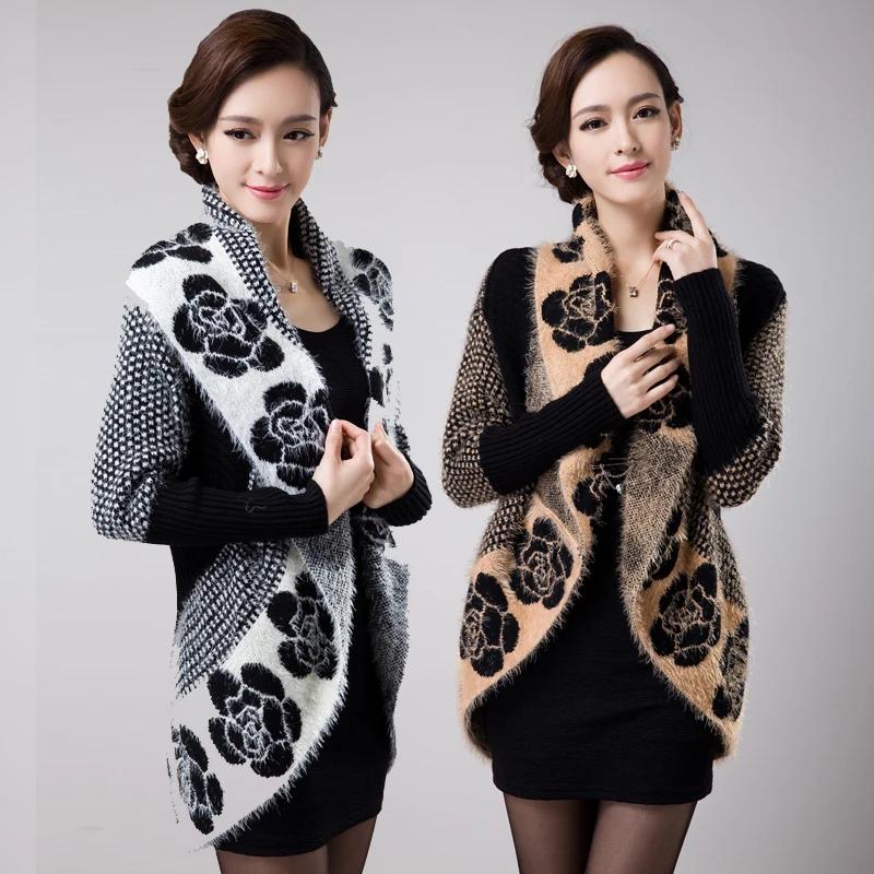 

2017 New Fashion Autumn and Winter Long Sleeve Elegant Women's Shawl Comfort Sweater Flower Warm Loose Knitted Cardgian