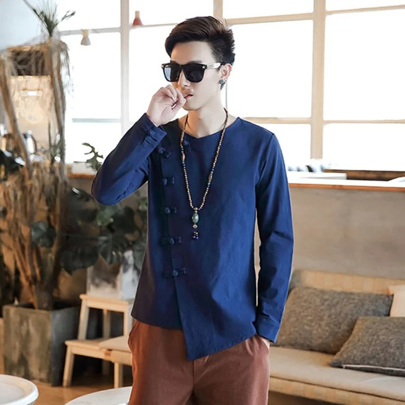 Традиционная китайская одежда для мужчин льняная рубашка мужская 2018