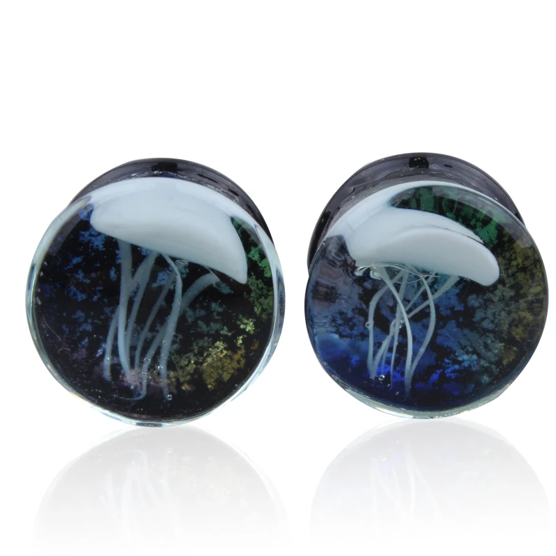 Пара стеклянных двойных расклешенных белых медуз затычки для ушей 8 мм 16