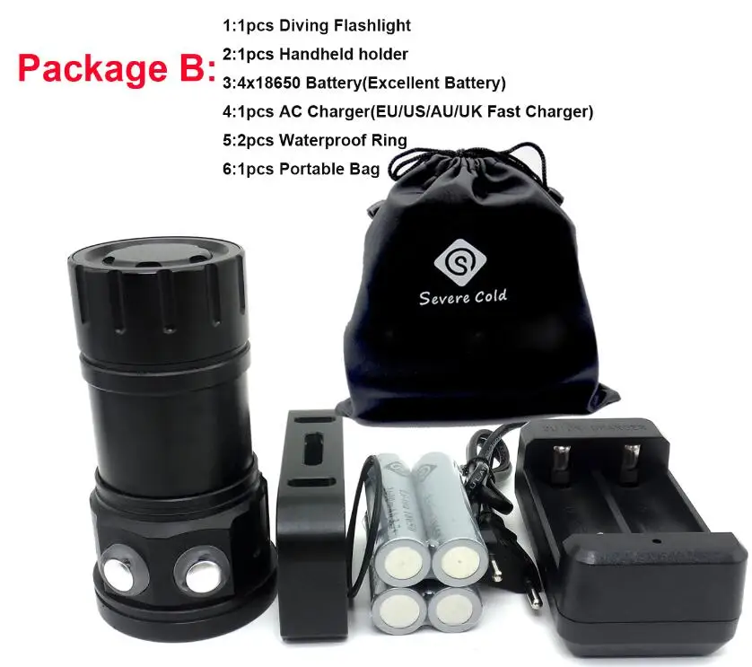 Package B Подводный IPX8 80 м белый XML2+ красный/синий свет фотографии видео светодиодный фонарик Дайвинг фото заполняющий свет - Испускаемый цвет: Package B
