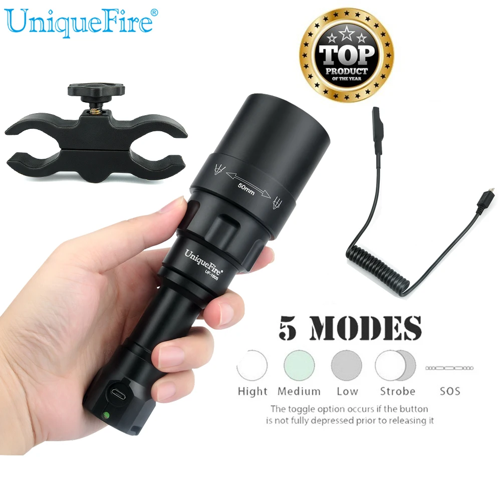

Мощная светодиодная вспышка UniqueFire XML T6 XM-L2, фонарь для кемпинга, водонепроницаемый фонасветильник с USB и крысиным хвостом и креплением для пр...