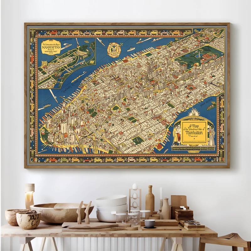 1926 карты Нью-Йорка Манхэттена карта приключений винтажные холщовые картины