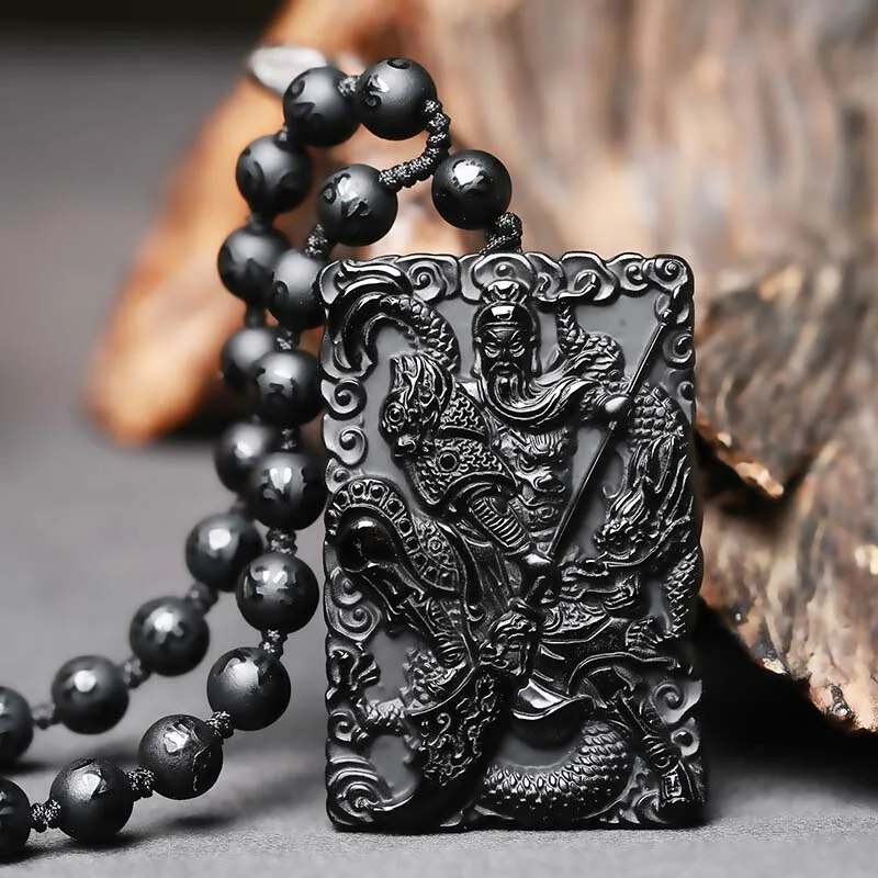 

Drop Shipping Natural Obsidian GuanGong Pendant Necklace Lucky Amulet Crystal Guan Yu Necklace Fne Jewelry Gift