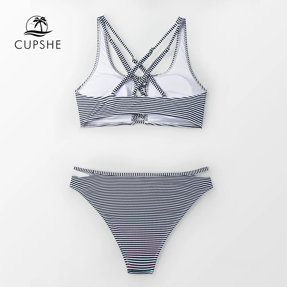 CUPSHE пикантные синий и белый в полоску Strappy женские комплекты бикини крест накрест