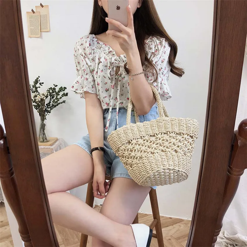 Женская блузка с оборками в корейском и японском стиле цветочным принтом преппи