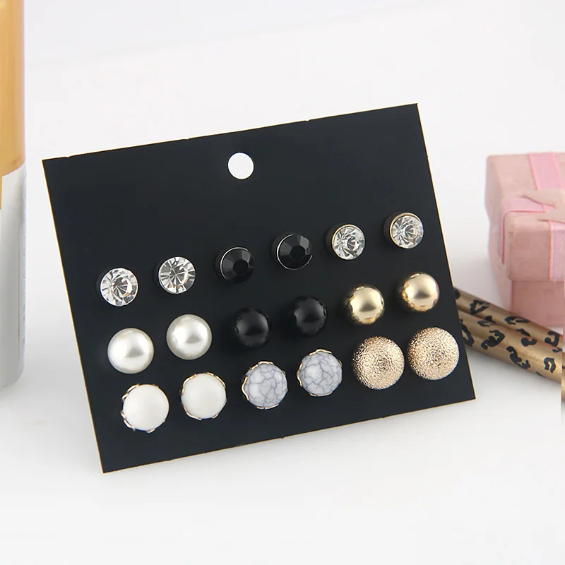 

(9 Pairs/1 lot ) Fashion Multicolor Round Resin,Pearl Beads Stud Earrings Set Gold Color Ball Crystal Stud Earrings For Women