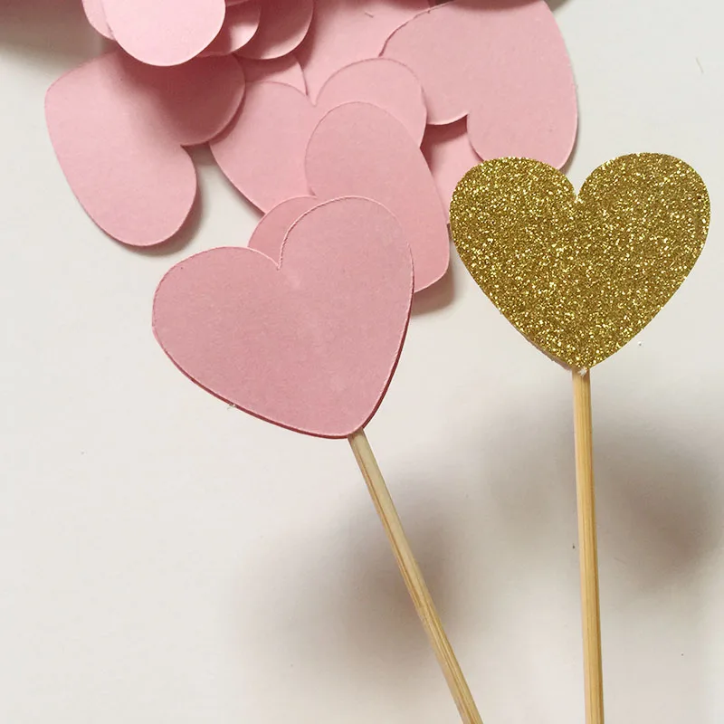 Блестящие золотистые/розовые двусторонние топперы для кексов в форме сердца 1