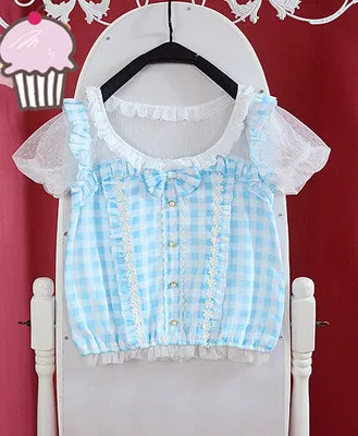 Розовые и Синие Клетчатые кружевные рубашки Бабочка блузка с оборками