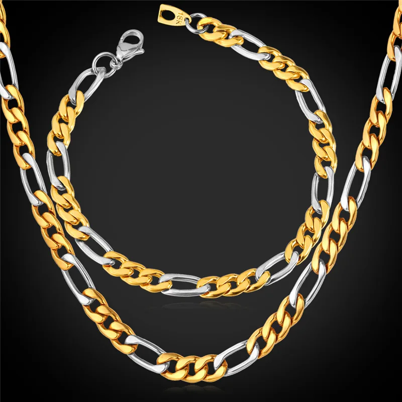 

Figaro Chain Bracelet Necklace Set New Hot Fashion Jewelry 8MM Gold Color Stainless Steel Men Jewelry Sets GNH918