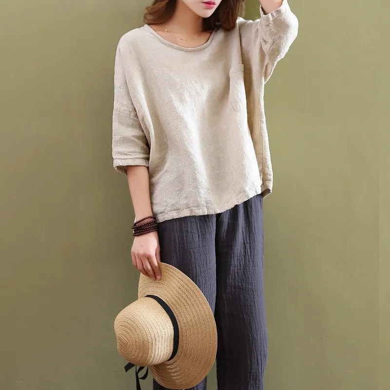 Женская хлопковая льняная мешковатая блузка с круглым вырезом и рукавом 2022