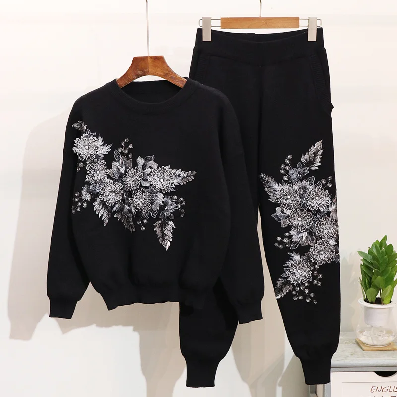 Женский вязаный костюм ALPHALMODA цветочный с 3D цветочной вышивкой джемпер и брюки на