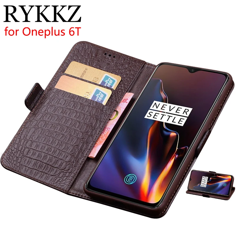 

RYKKZ Case For Oneplus 6T Luxury Wallet Genuine Leather Case For Oneplus 6T 6 Stand Flip Card Hold Phone Book Cover Bags Case