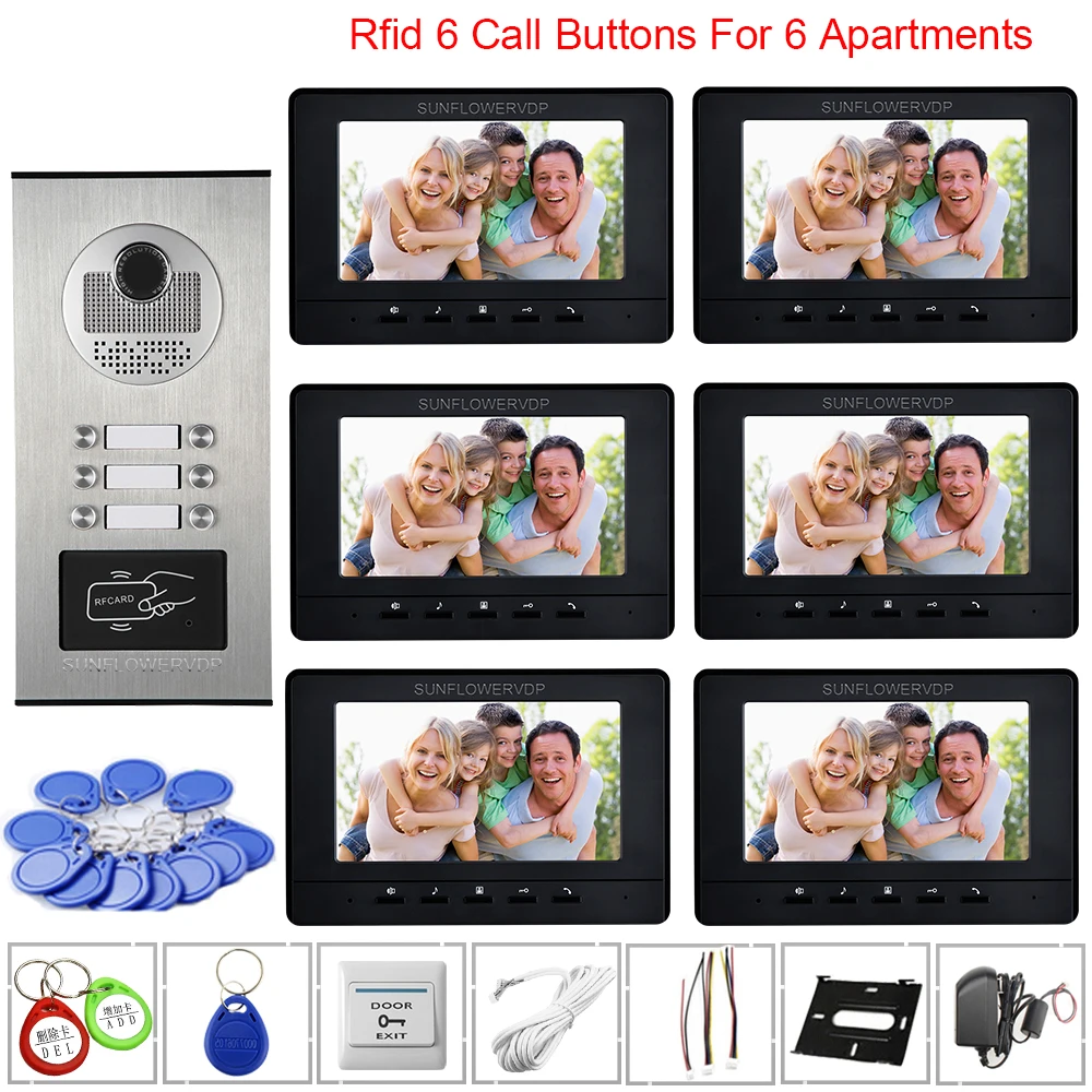 Deurcommunicatie voor Thuis Toegangscontrole Video Intercom 6 Monitoren Video Telefoon Deur 7 inch Kleur Intercom voor 6 appartementen