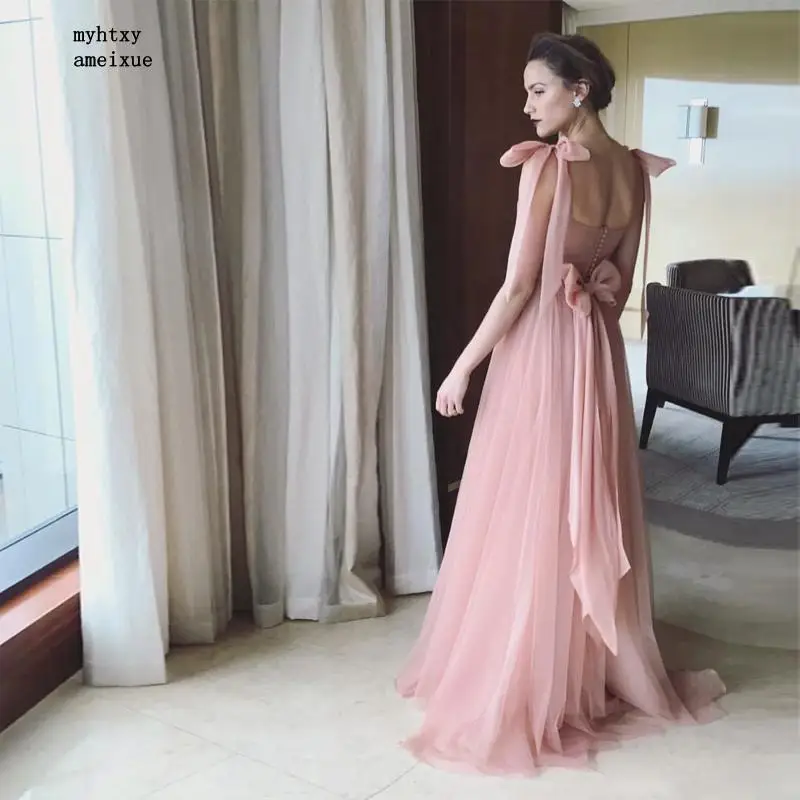 

Robe De Soiree Sexy Backless Long Evening Dress 2020 Simple Pink Sweep Train Tulle Formal Evening Party Gowns With Bow Cheap
