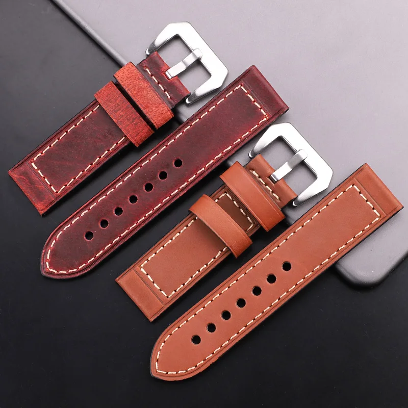 Handmade Cowhide Watchbands 22mm 24mm Men Women Brown Black Red Genuine Leather Watch Band Strap Belt Stainless Steel Buckle