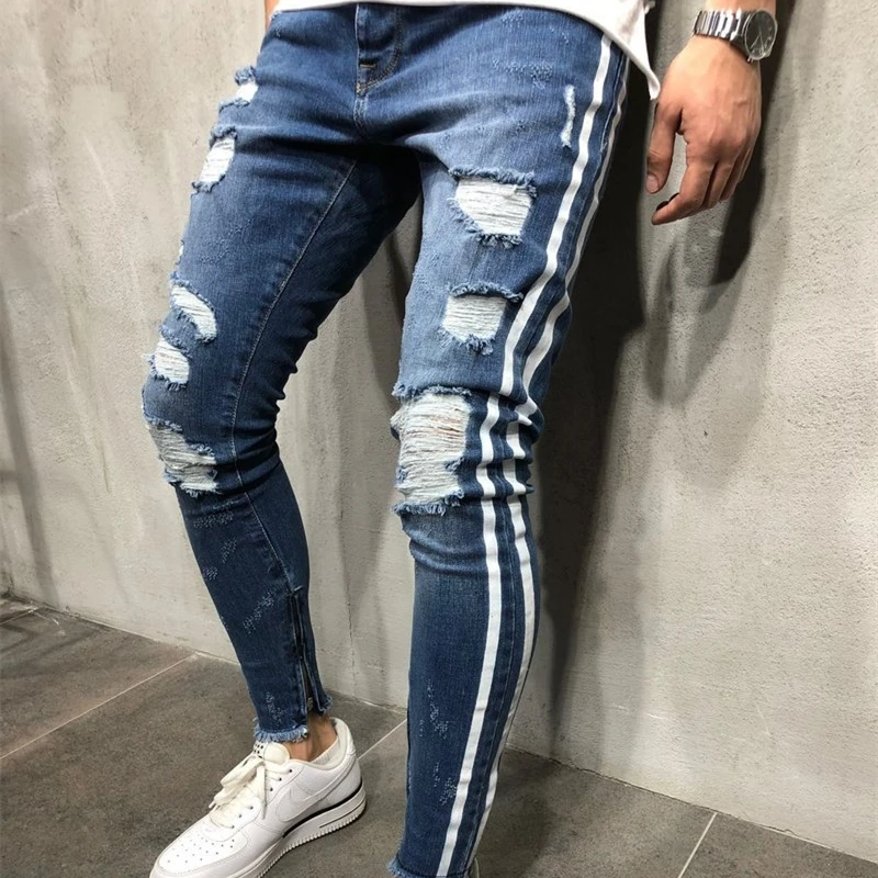 Сексуальные рваные обтягивающие джинсы с дырками мужские Модные полосатые