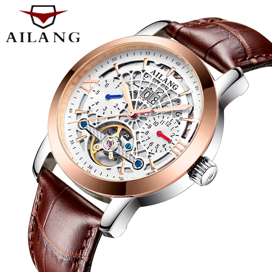 Скелет Турбийон Механические Мужские часы AILANG известный бренд кожа наручные