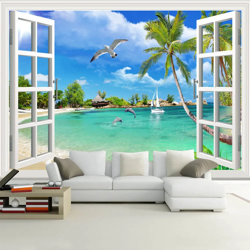 

Custom Mural Wallpaper Seaside Dolphin Seagull Beach Photo Wall Papers Living Room TV Bedroom Home Decor Sticker Papel De Parede