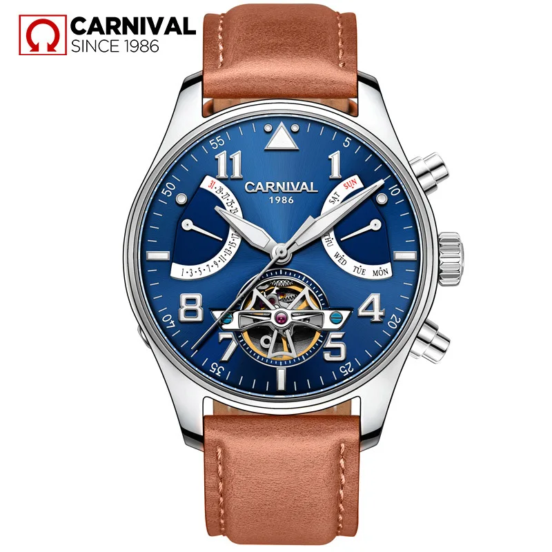 Coffee Silver Blue Карнавал сапфир relogio masculino TopBrand автоматические часы для мужчин Tourbillon механические водонепроницаемые часы модные кожаные роскошные - Цвет: Coffee Silver Blue