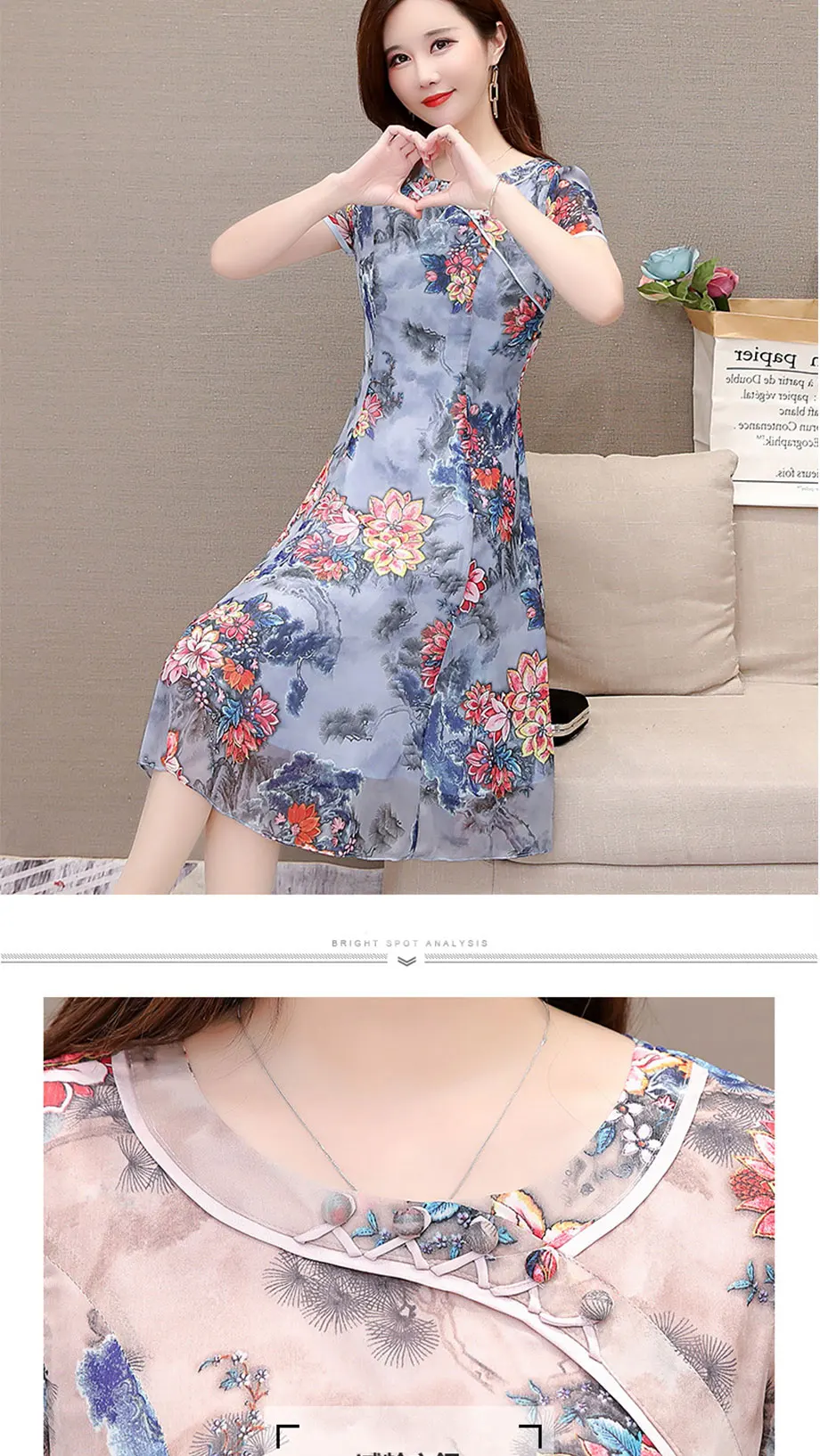 Летнее платье lmpasted Cheongsam PlusSize платье Элегантное Цветочное платье шифоновые платья для женщин похудение возраст платья