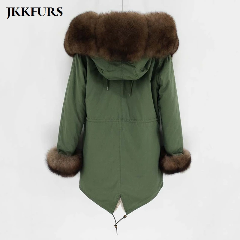 

Women's Fashion Parka Real Fox Fur Collar Hooded Coat Faux Fur Lining Winter Thick Warm Fur Jacket Top Quality Overcoat S8202