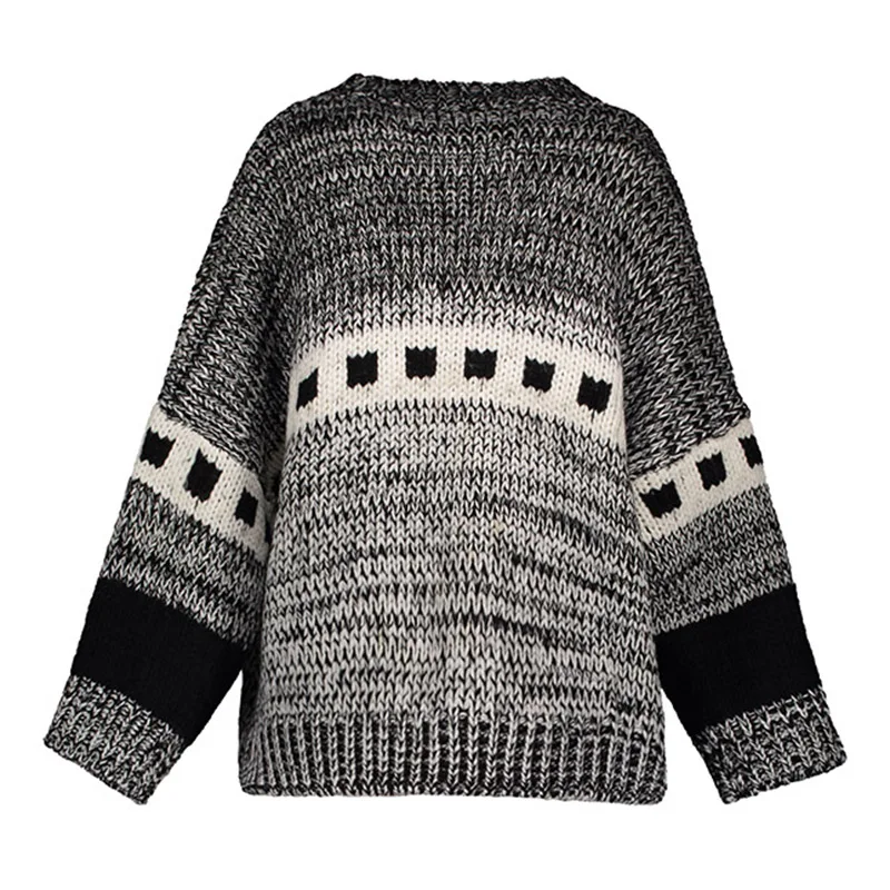 Осень 2017 г. Серый свободный свитер геометрический принт лоскутное Цвет блок