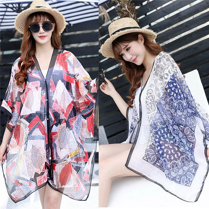 Шифоновая Пляжная накидка с принтом туника для пляжа длинный кафтан бикини халат