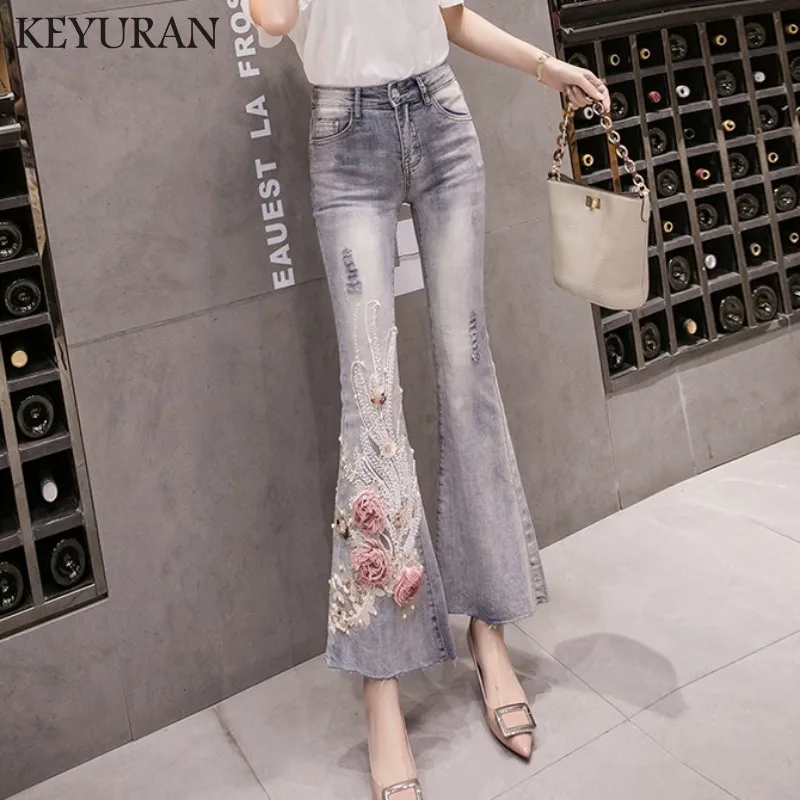 Boyfriend Women Appliques Embroidery Jeans Female High Waist Denim Flare Pants Slim Elastic Heavy Industry Trousers Korean style |