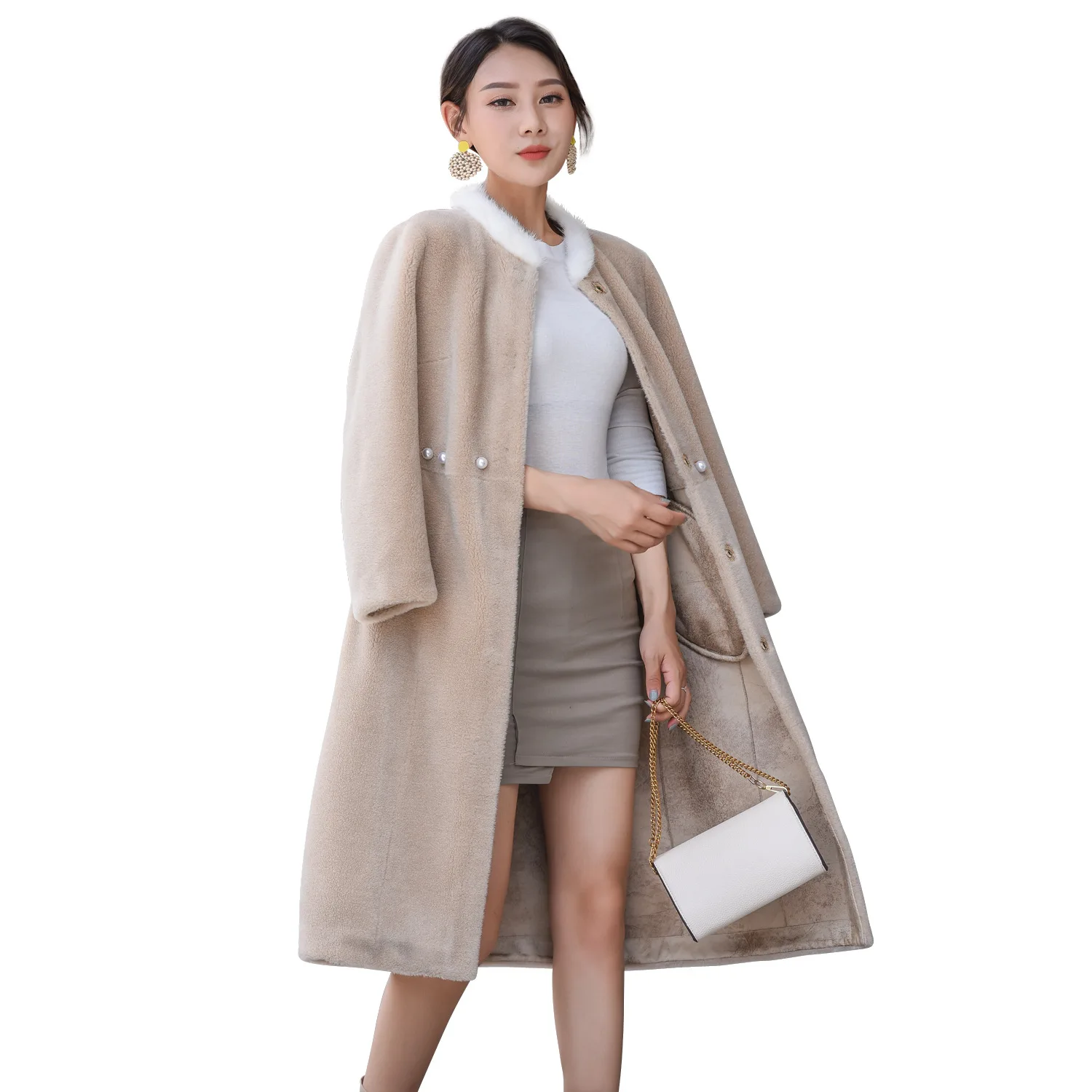 100% Wool Coat Women Long Autumn Winter Real Fur Female Jacket Mink Collar Slim Korean Clothes 2019 172088 KJ2507 | Женская одежда