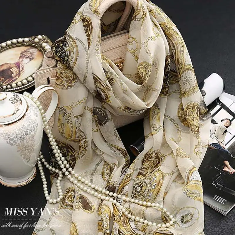 Женский шарф из натурального шелка Модный классический с принтом цепей сезон