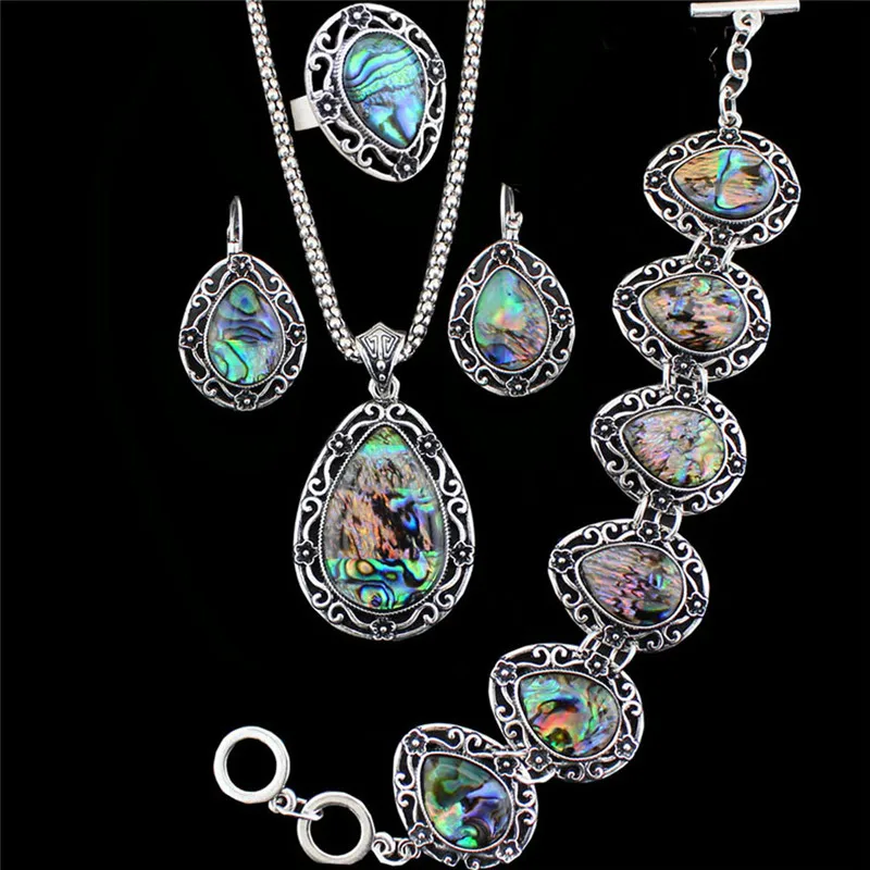 4 pcs set with ring Цветок падение кулон В виде ракушки комплект ювелирных изделий Цепочки и ожерелья Браслет Серьги для Для женщин Винтаж Античная Посеребренная Модные украшения TS199 - Окраска металла: 4 pcs set with ring