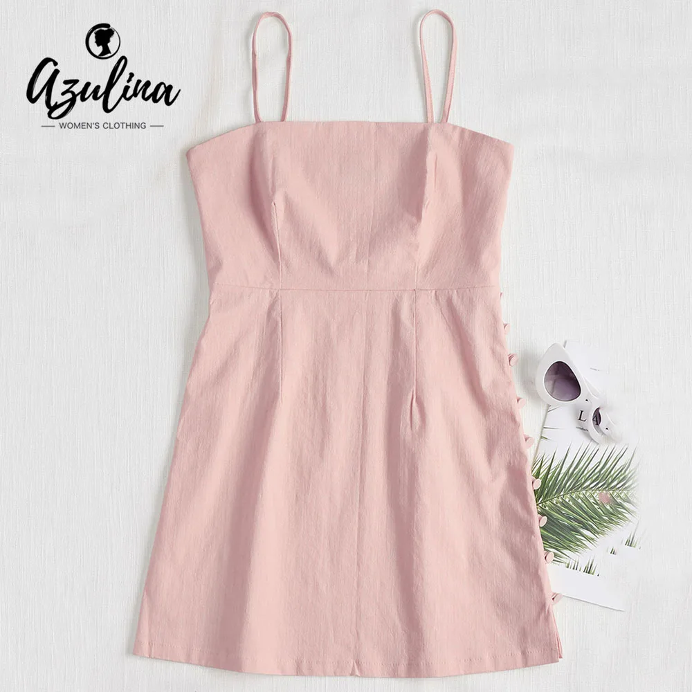 ZAFUL 5 Colors Side Buttons Slip A Line Dress Women Spaghetti Strap Sleeveless Mini Dresses Summer Beach Casual Vestidos | Женская