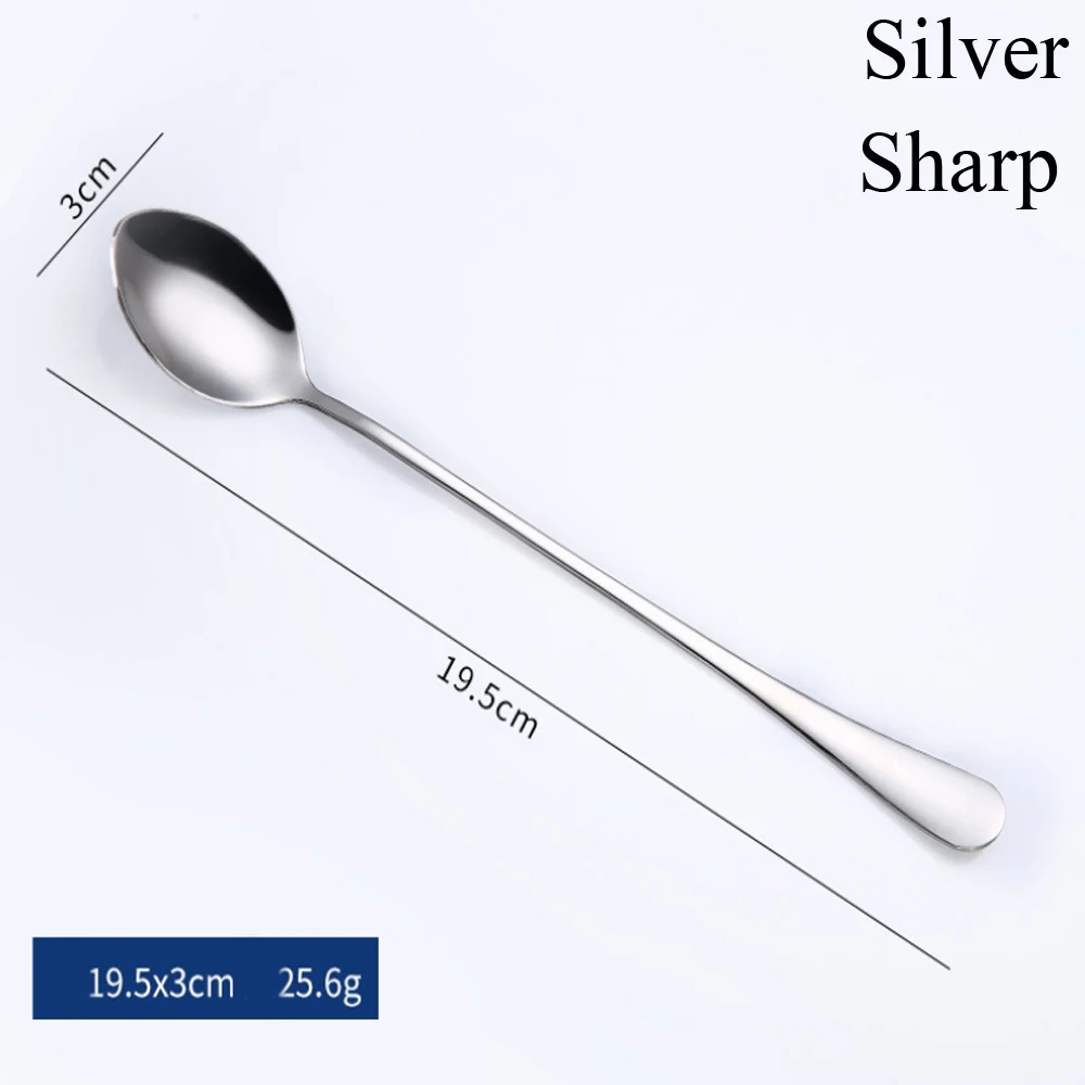 Silver(Sharp) 1 шт., кофейная ложка из нержавеющей стали радужного цвета с длинной ручкой, фруктовая ложка для холодных напитков, мороженого, десерта, чайная ложка, кухонные принадлежности - Цвет: Silver(Sharp)