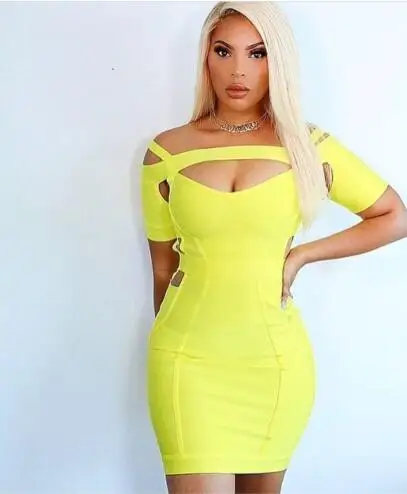 Summer Fashion Sexy Short Sleeve Yellow Bandage Dress 2017 Elegant Designer Party | Женская одежда