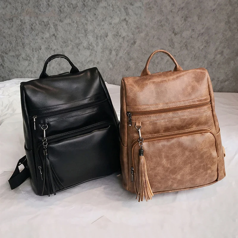 Женский рюкзак с кисточками bolso Розовый школьный из мягкой кожи для девочек