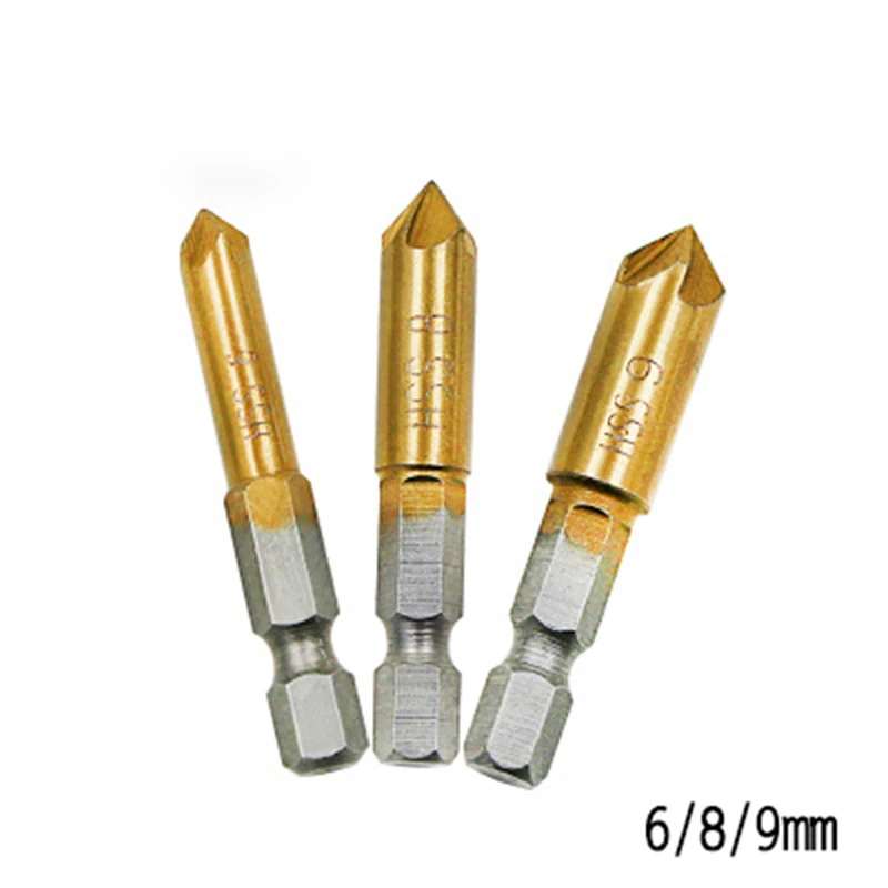 3PCS 1/4'' 6.35mm shank,Metric 6mm 8mm 9mm Titanium Coated Countersinks 5 Blade 82 Degree Chamfering Cutter Chamfer Drill Press