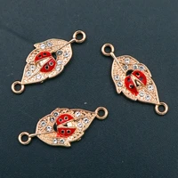 wkoud 6pcs kc golden handmade rhinestone leaves on ladybug charm vintage necklace bracelet diy metal jewelry alloy connectors