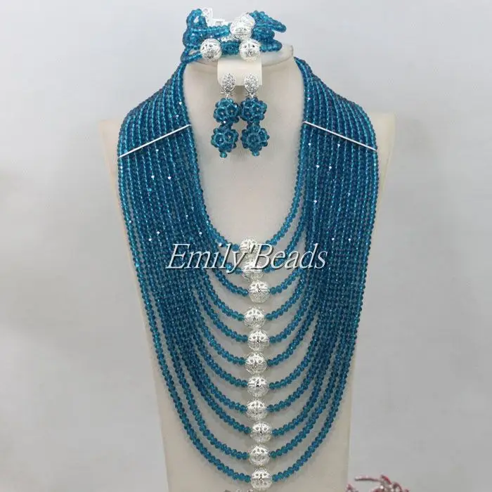Бирюзовый синий свадебный комплект ювелирных изделий серебряные нигерийские