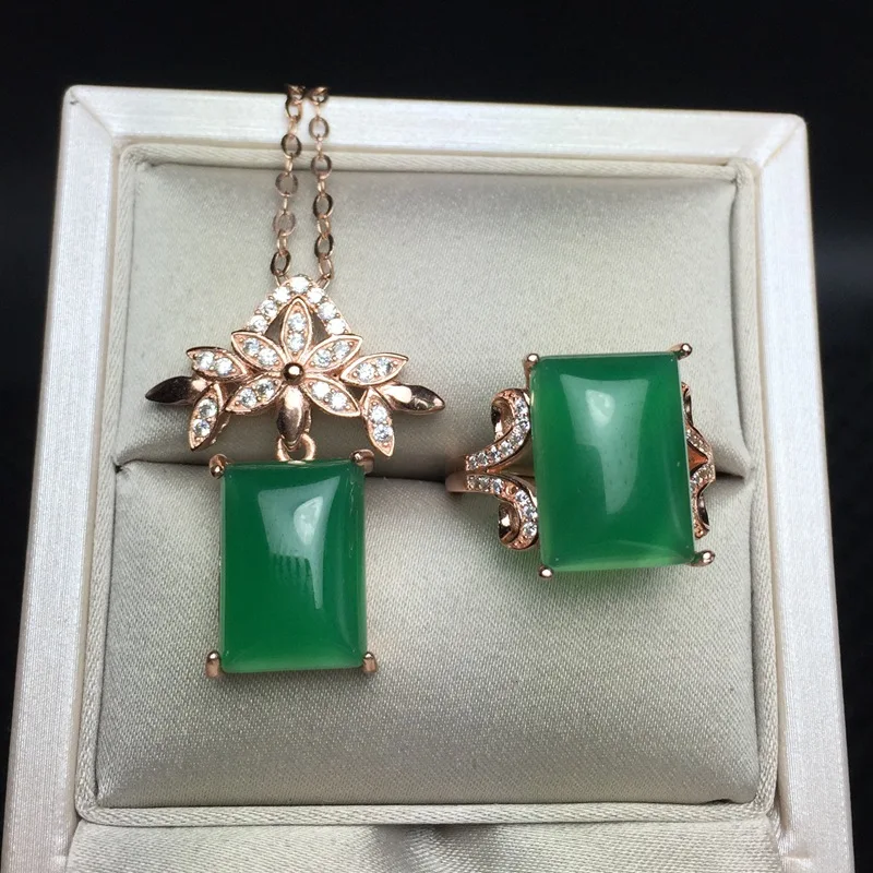 

KJJEAXCMY boutique jewels Girls style natural green jade pith square set atmosphere set 925 sterling silver Mosaic set wholesale