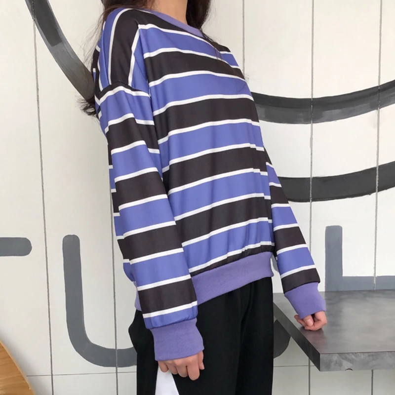 Women Contrast Color Striped Round Neck Casual Top T Shirts Femme Long Sleeve Fashion Harajuku T-shirt Lady Blue Orange | Женская одежда