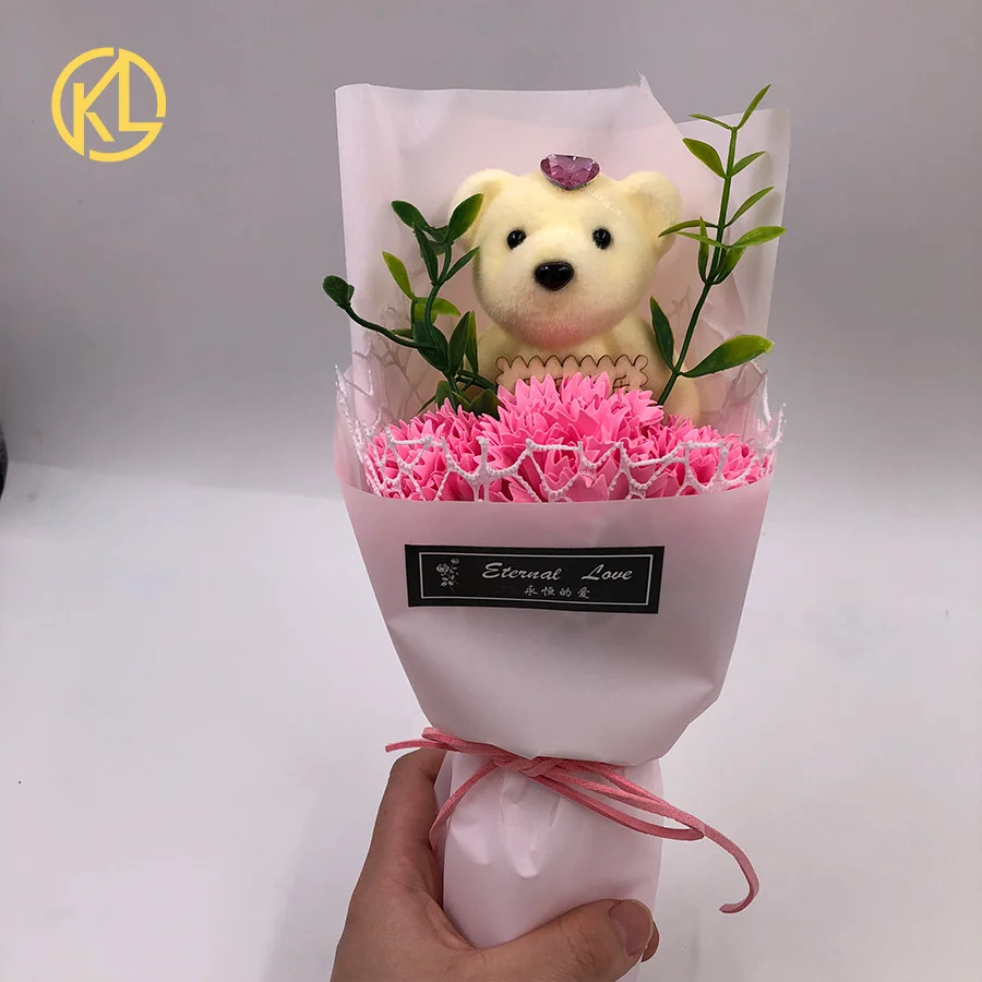 

Pink Color Carnation Bouquet soap Flower With Lovely Bear and gift box for Mother's Day and wedding guest Gifts
