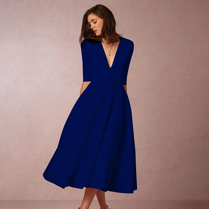 CWLSP осенние длинные плиссированные платья для женщин с высокой талией Vestido Половина рукава V образным вырезом ТРАПЕЦИЕВИДНОЕ ПЛАТЬЕ элегантные вечерние платья QL4140 - Цвет: Dark blue