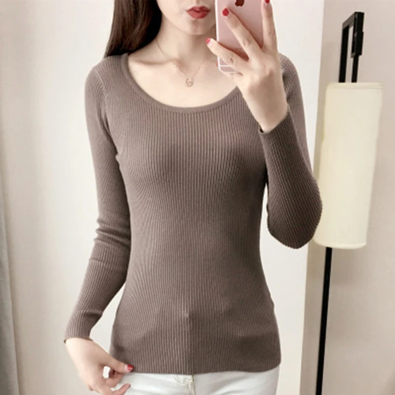 2018 Spring Women O-Neck Sexy Elastic Knitted Sweater Pullover New Brand Female Long Sleeve Top Bottom Shirt Jumper F806 | Женская