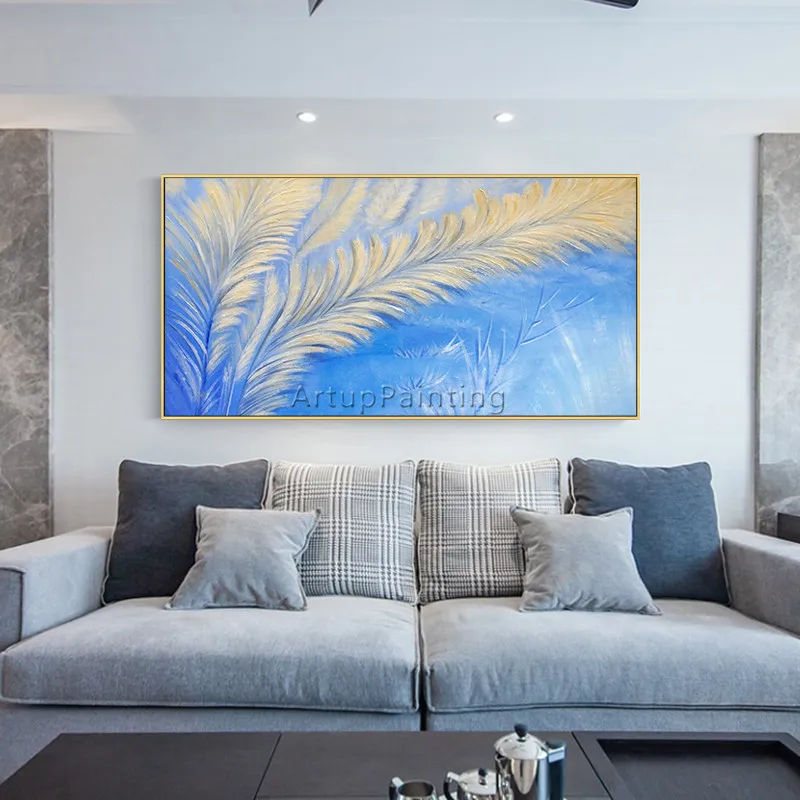 Modern abstract feather painting acrylic blue Canvas Abstract art Wall Pictures for living room home decor cuadros | Дом и сад