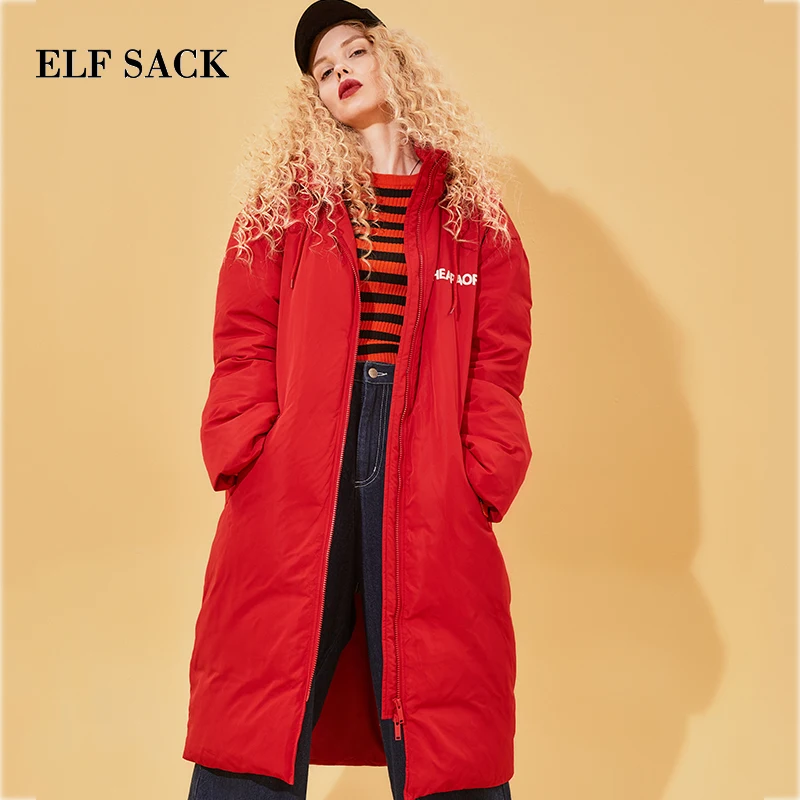 ELFSACK, зима, новинка, Теплый Женский пуховик, Повседневный, полный, с надписью, 90%, белый утиный пух, пальто, толстая, с широкой талией, модный, женский пуховик