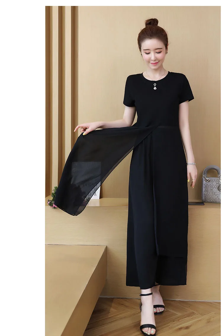 summer style two piece set top and pants plus size chiffon fork split long shirt + striped wide leg women special clothing | Женская