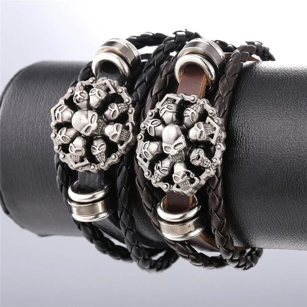 Мужские ювелирные изделия ручной работы браслет с черепом из натуральной кожи